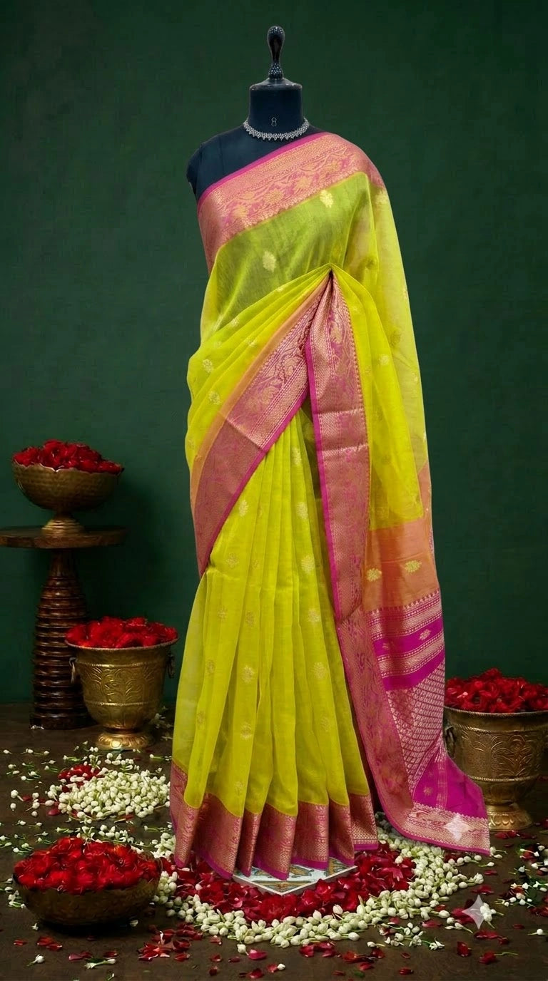 Yellow muslin saree 