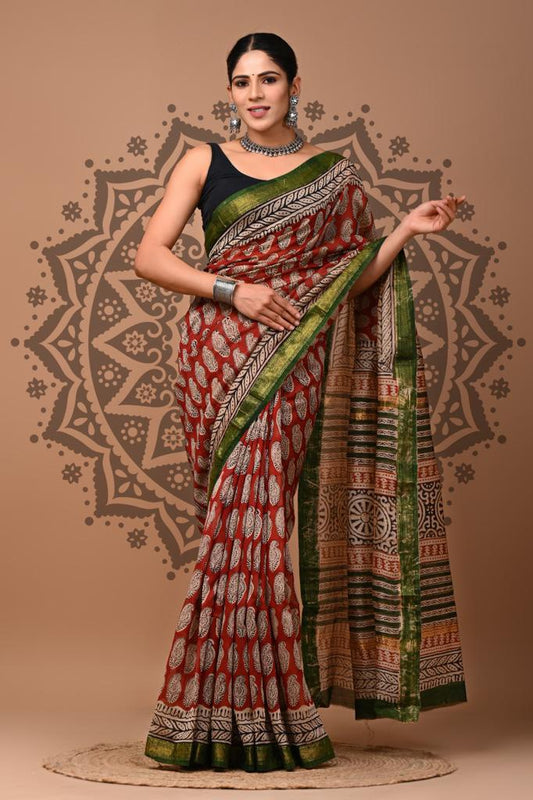 Brick Red maheshwari silk cotton saree