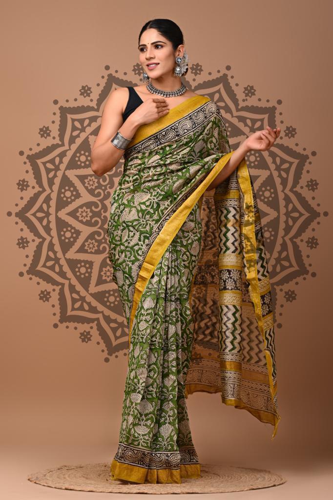 Green maheshwari silk cotton saree 