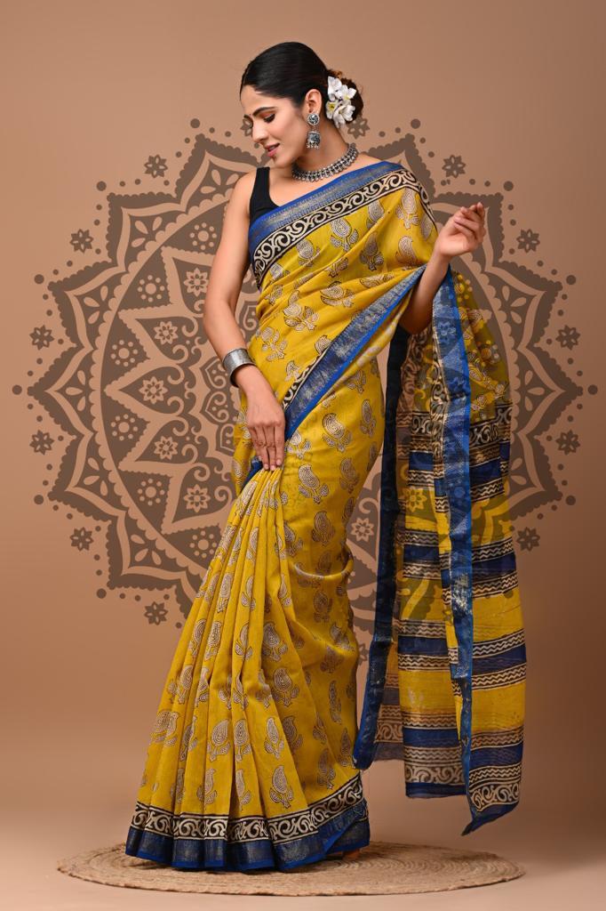 Yellow maheshwari silk cotton saree