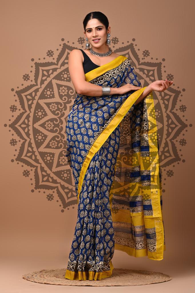 Blue maheshwari silk cotton saree 