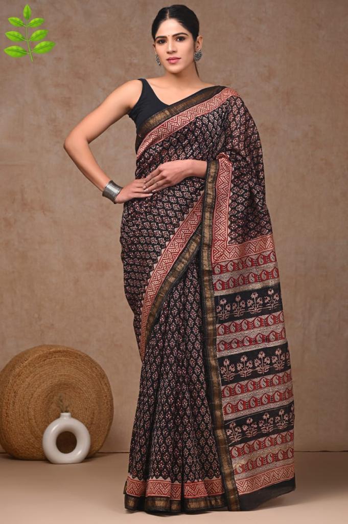 Black maheshwari silk cotton saree