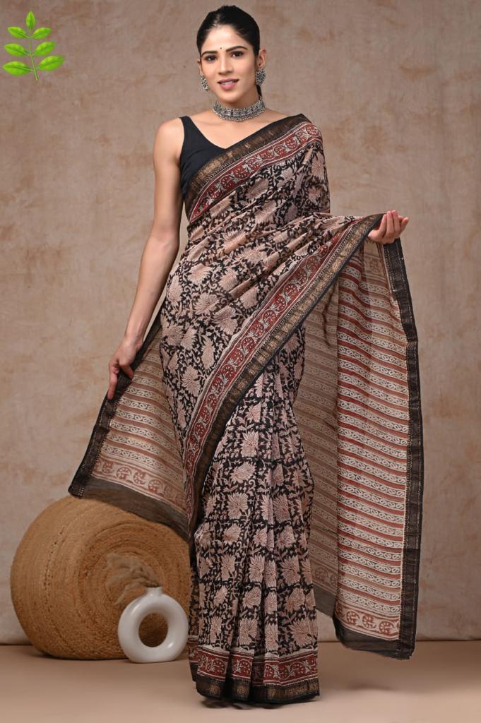 Black maheshwari silk cotton saree