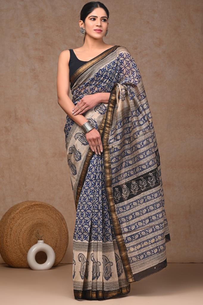 Beige maheshwari silk cotton saree