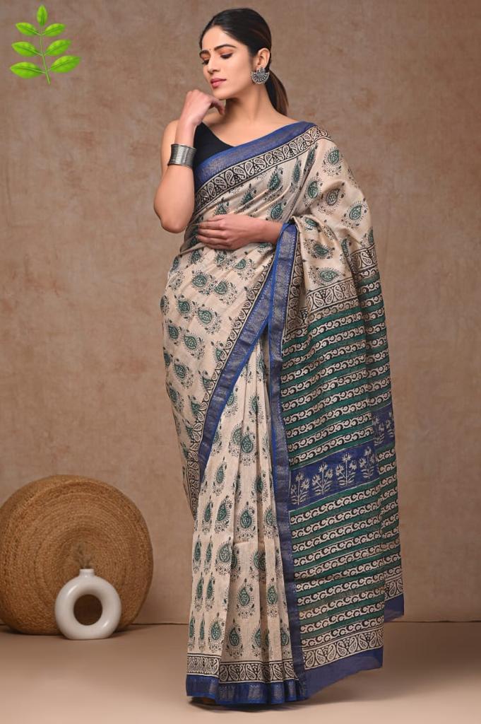 Beige maheshwari silk cotton saree