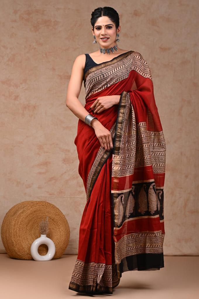 Tomato Red maheshwari silk cotton saree 