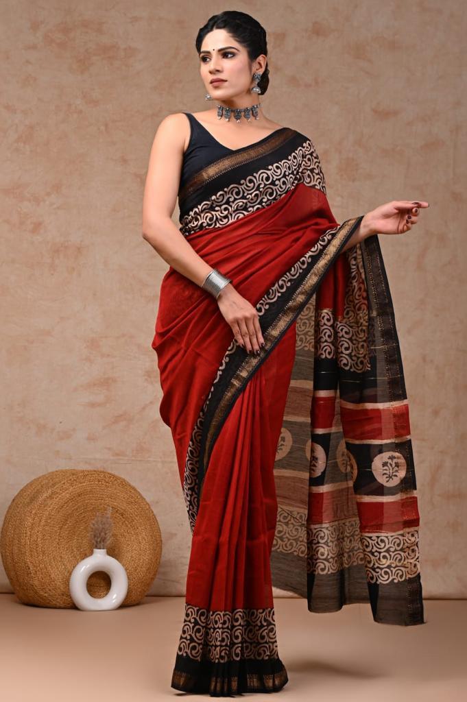 Tomato Red maheshwari silk cotton saree 