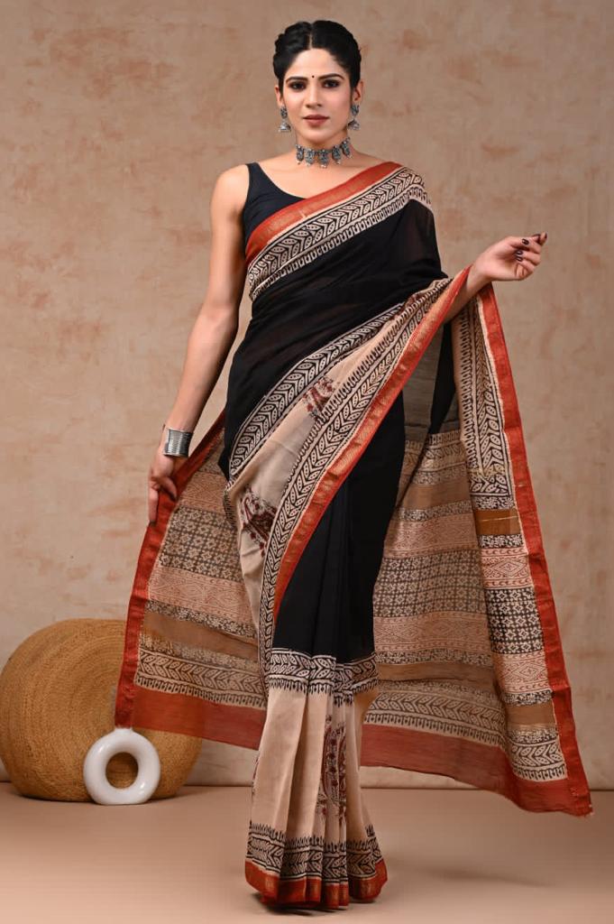 Black maheshwari silk cotton saree