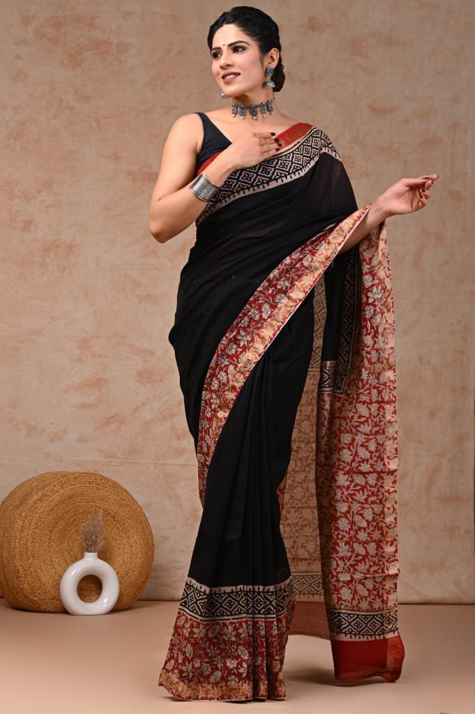 Black maheshwari silk cotton saree