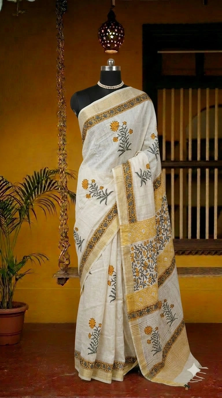 White Maheshwari Cotton Saree