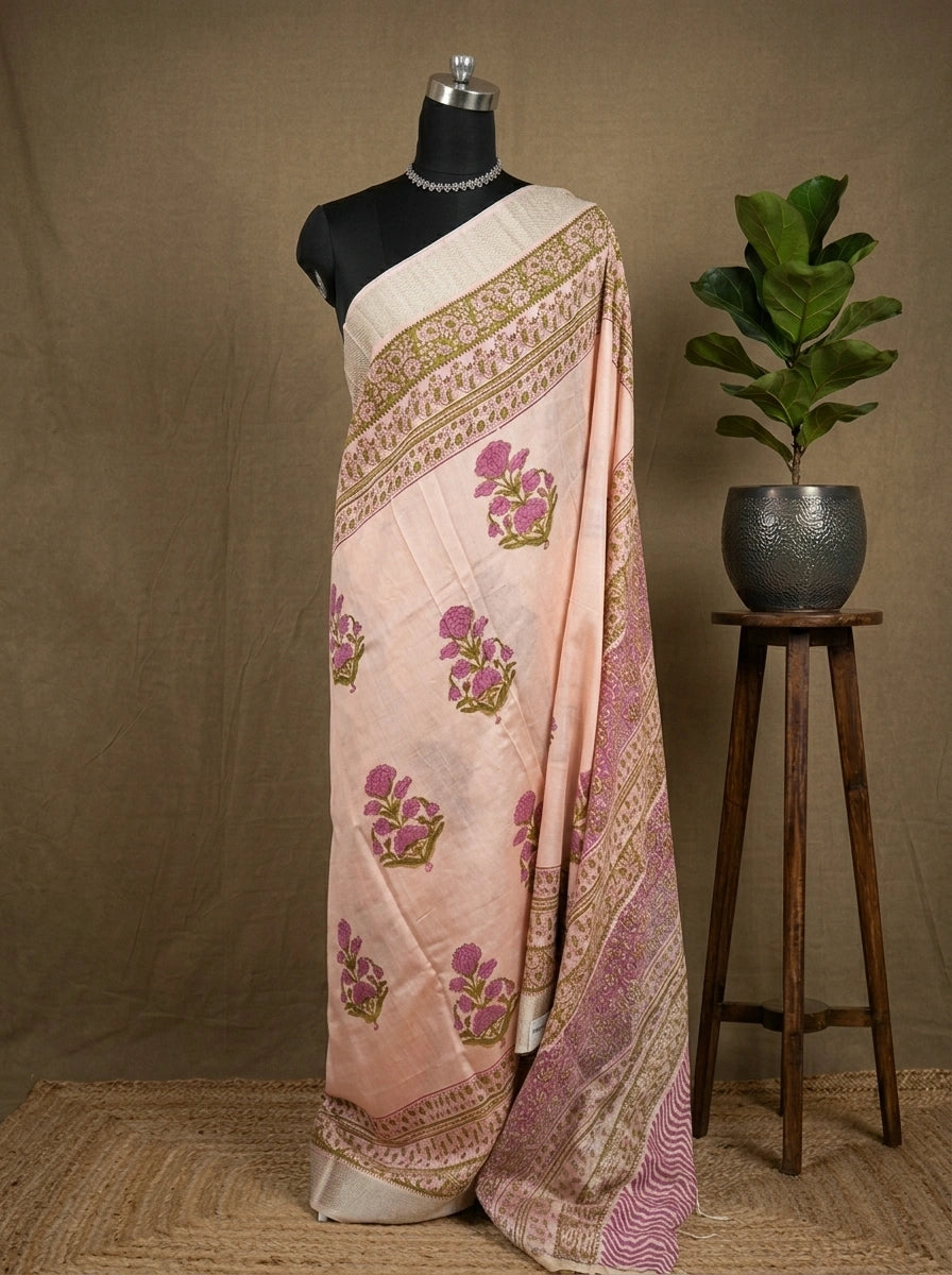 Elegant Peach Maheshwari Cotton Saree 
