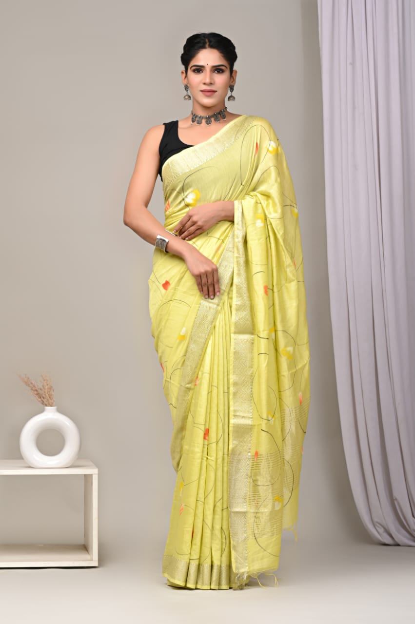 Lemon Yellow Maheshwari Cotton Saree