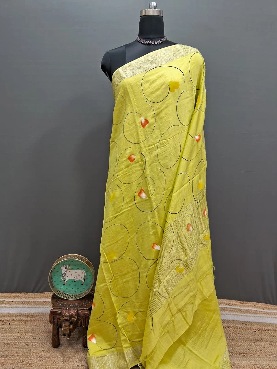 Lemon Yellow Maheshwari Cotton Saree