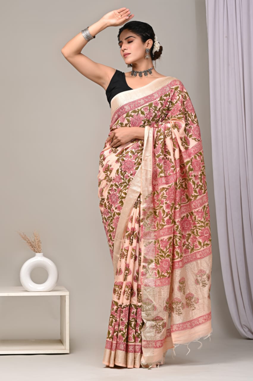 Peach Pure Maheshwari Cotton Saree