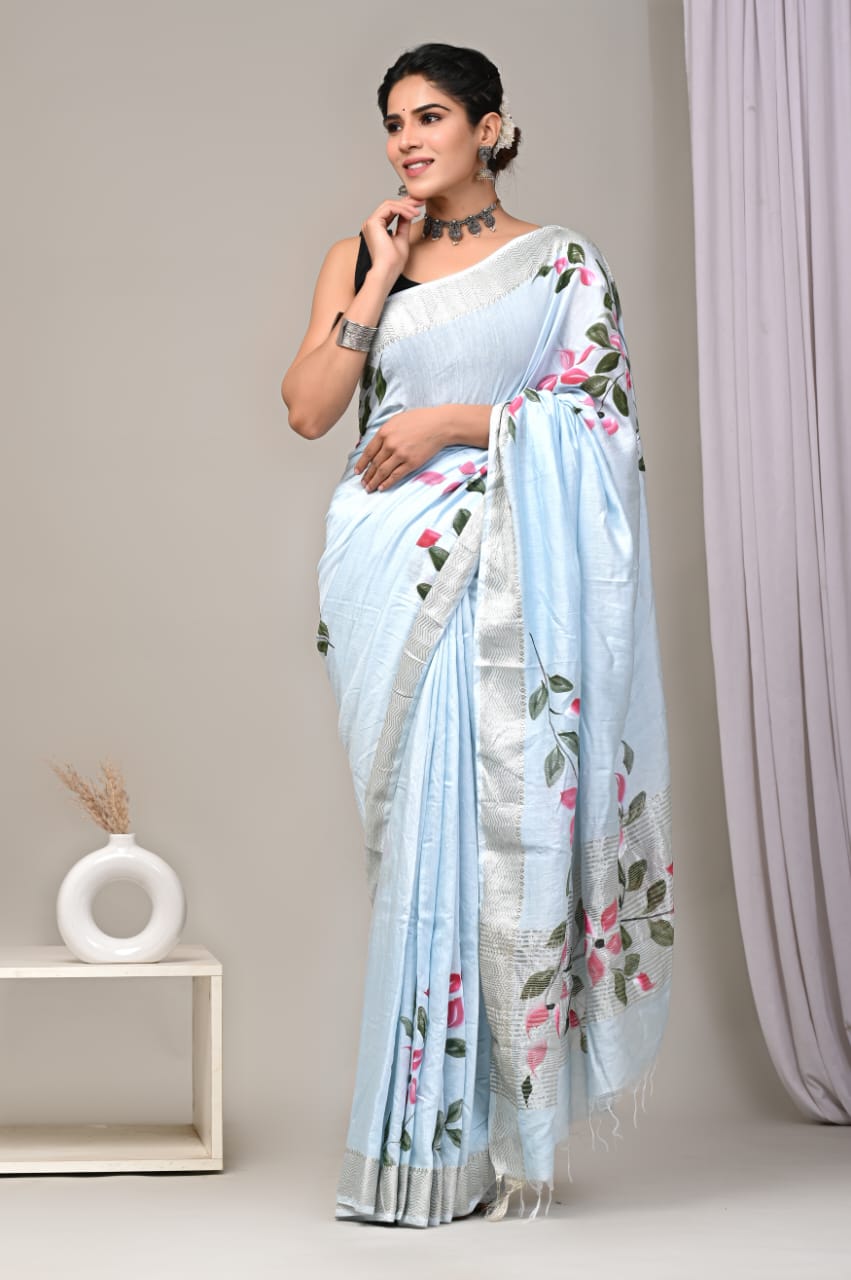Soft Mint Blue Maheshwari Cotton Saree