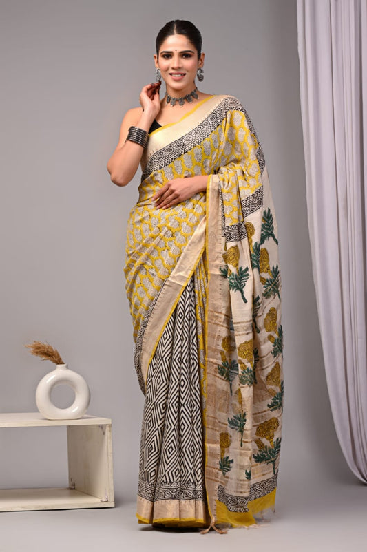 Mustard Yellow Maheshwari Cotton Saree