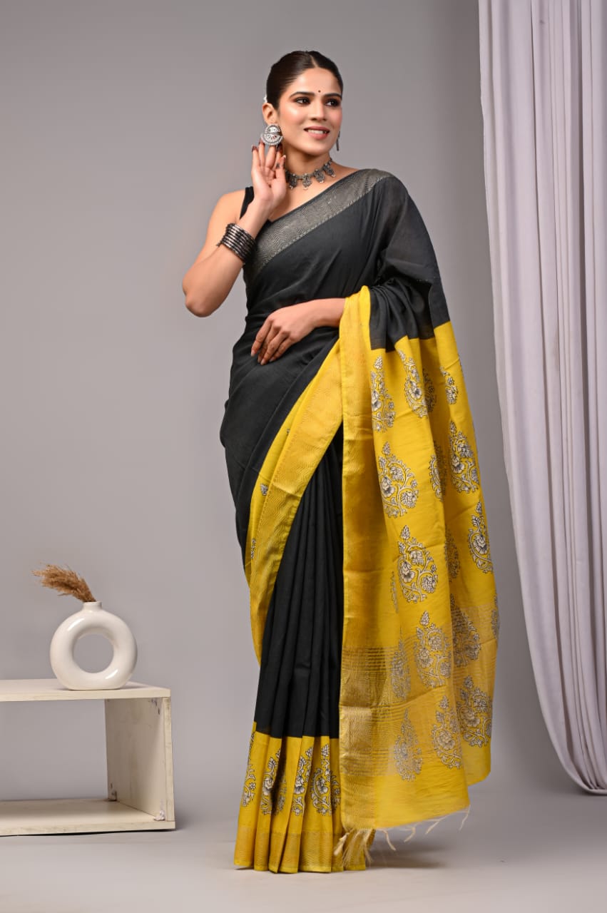 Black plain Maheshwari Cotton Saree 