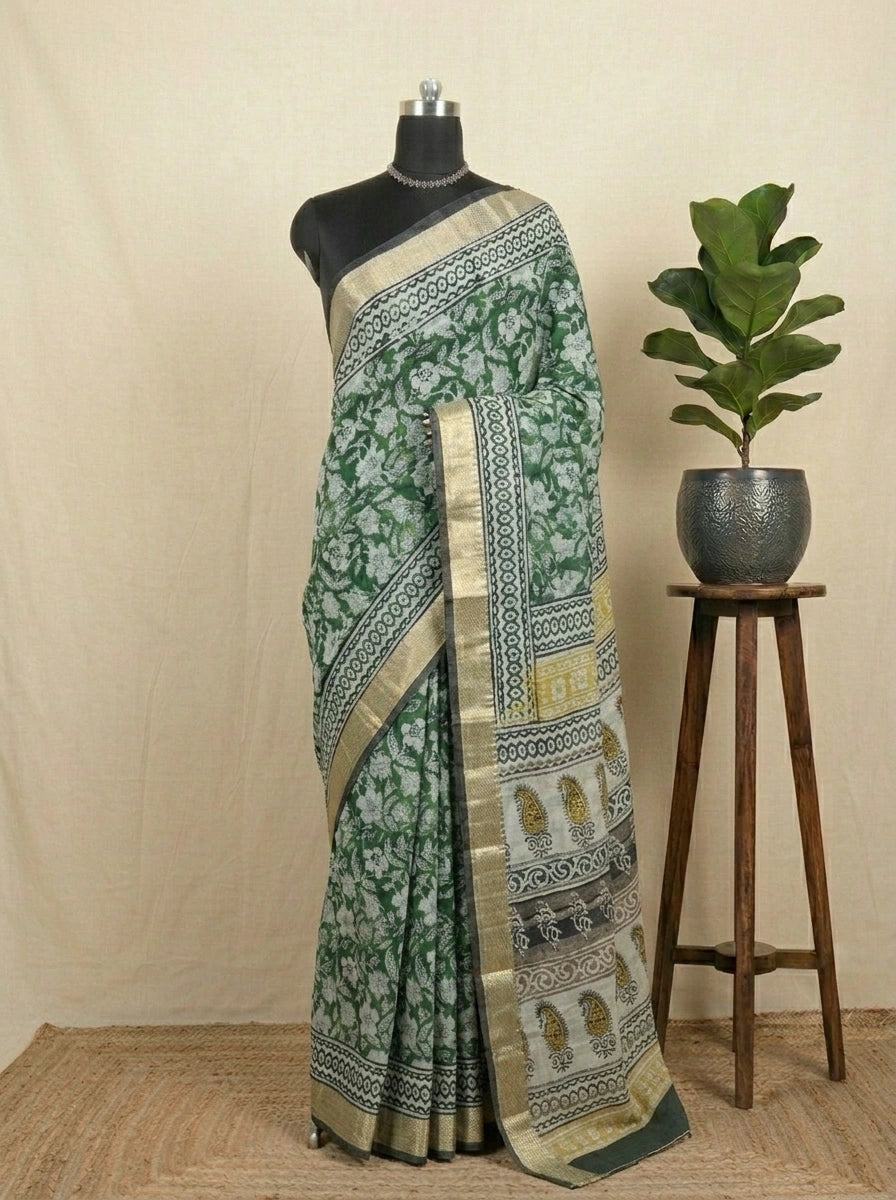 Emerald Green Maheshwari Cotton Saree