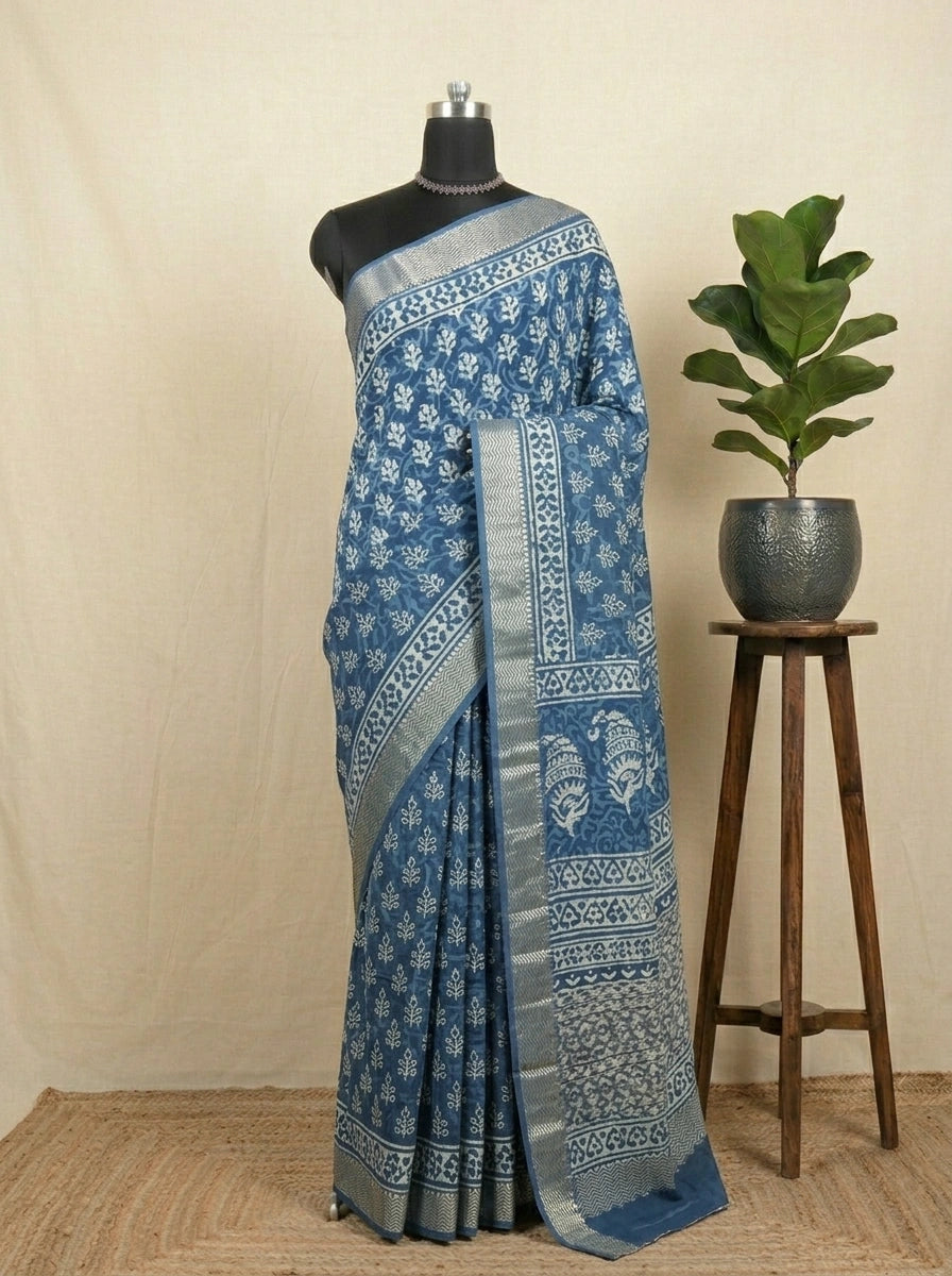 Indigo Blue Handwoven Maheshwari Cotton Saree with Floral Motif Print