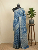 Indigo Blue Handwoven Maheshwari Cotton Saree with Floral Motif Print