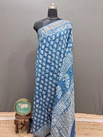 Indigo Blue Handwoven Maheshwari Cotton Saree with Floral Motif Print
