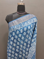 Indigo Blue Handwoven Maheshwari Cotton Saree with Floral Motif Print 1