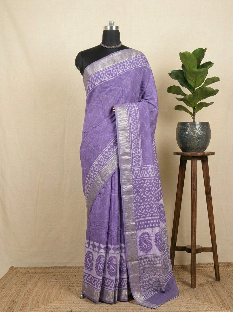 Purple Maheshwari Cotton Saree with Lavender Bandini Printed Body