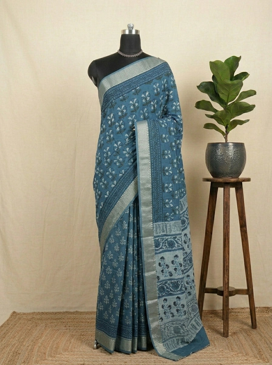 Slate Blue Maheshwari Cotton Saree 