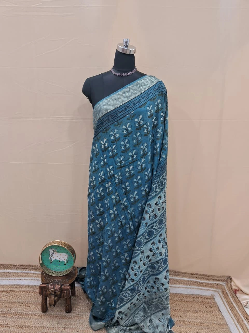 Slate Blue Maheshwari Cotton Saree 