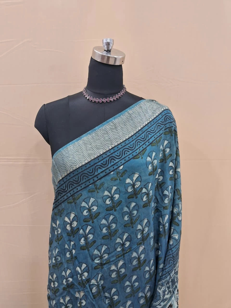 Slate Blue Maheshwari Cotton Saree 1