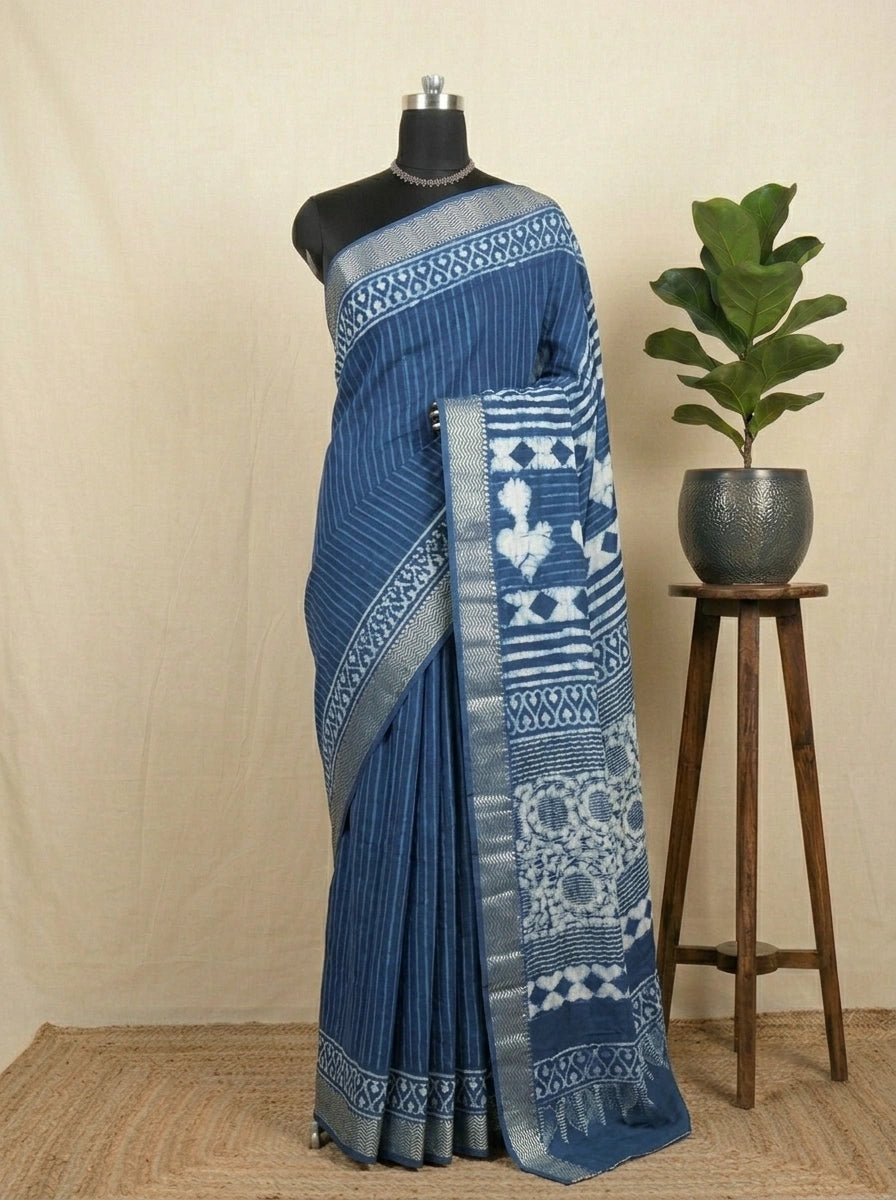 Indigo Blue Maheshwari Cotton Saree
