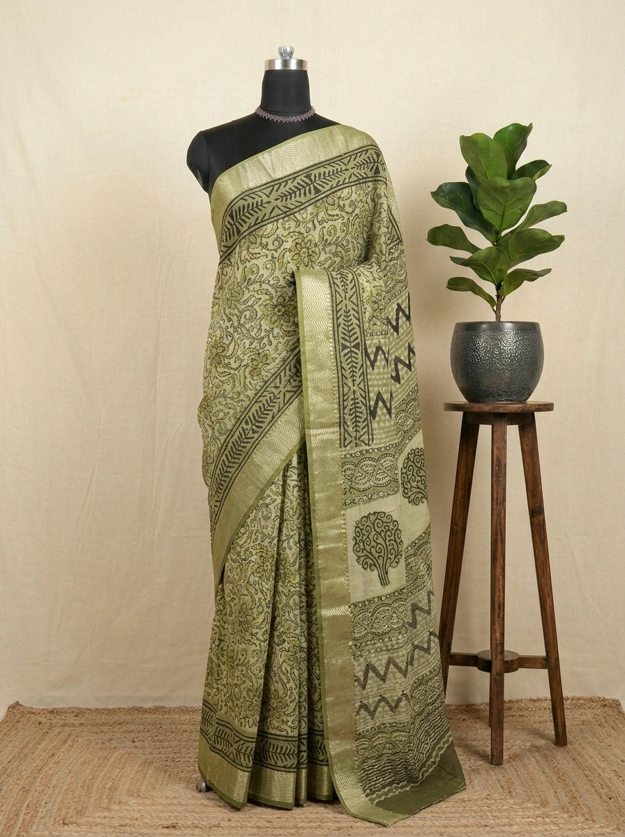 Classic Green Maheshwari Cotton Saree with Mehendi Green & Yellow Floral Print