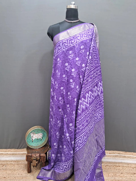 Purple Maheshwari Cotton saree with White Flower Print