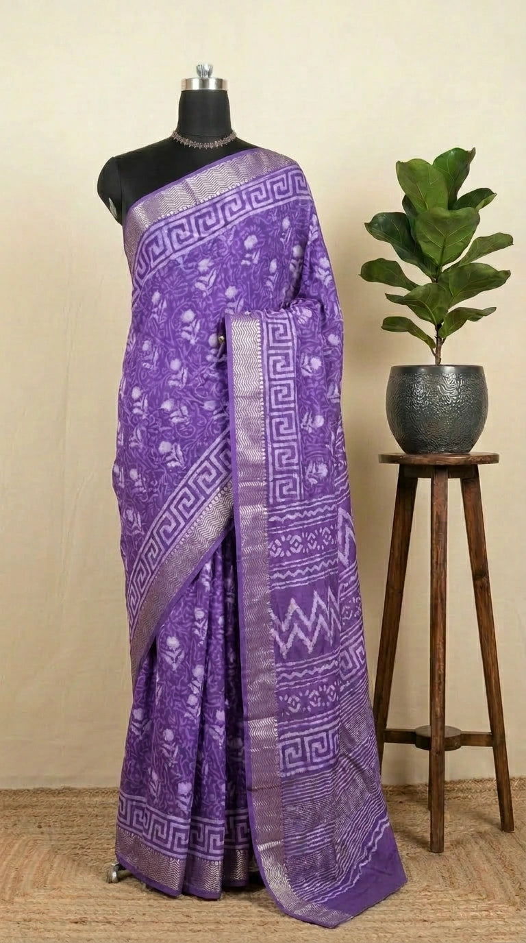 Purple Maheshwari Cotton saree with White Flower Print
