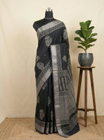 Black Maheshwari Cotton Saree  with Cream Flower Printed Body 