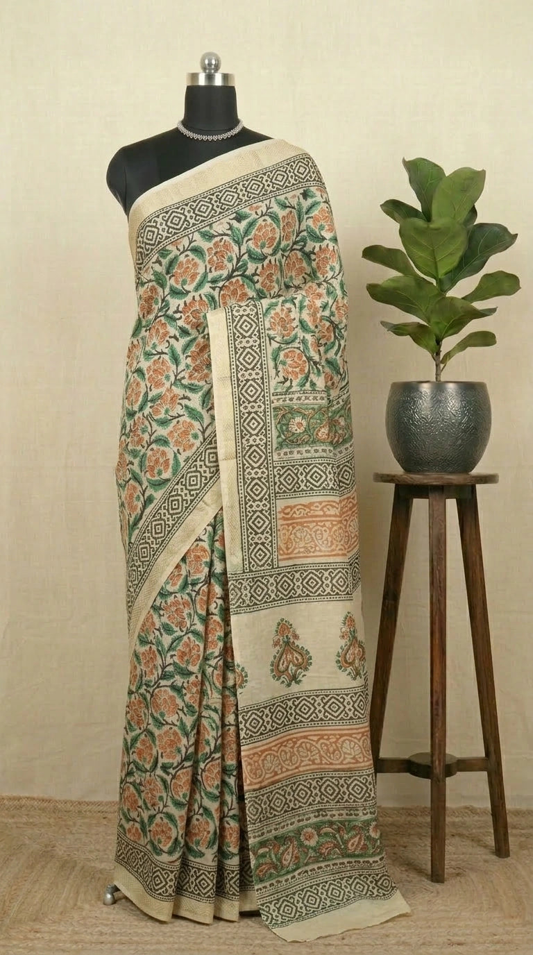 Cream Maheshwari cotton saree