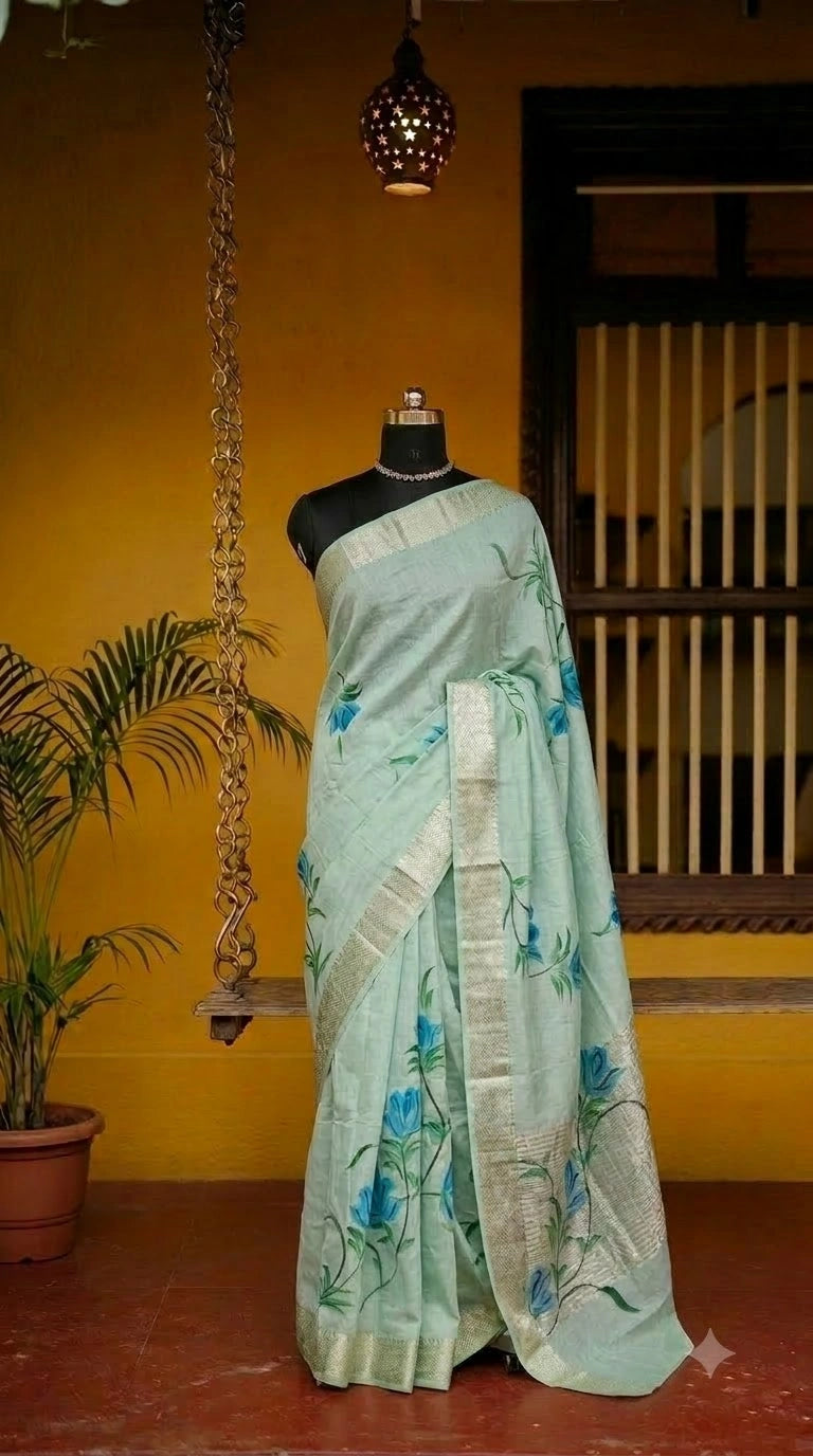 Light mint green Maheshwari cotton saree