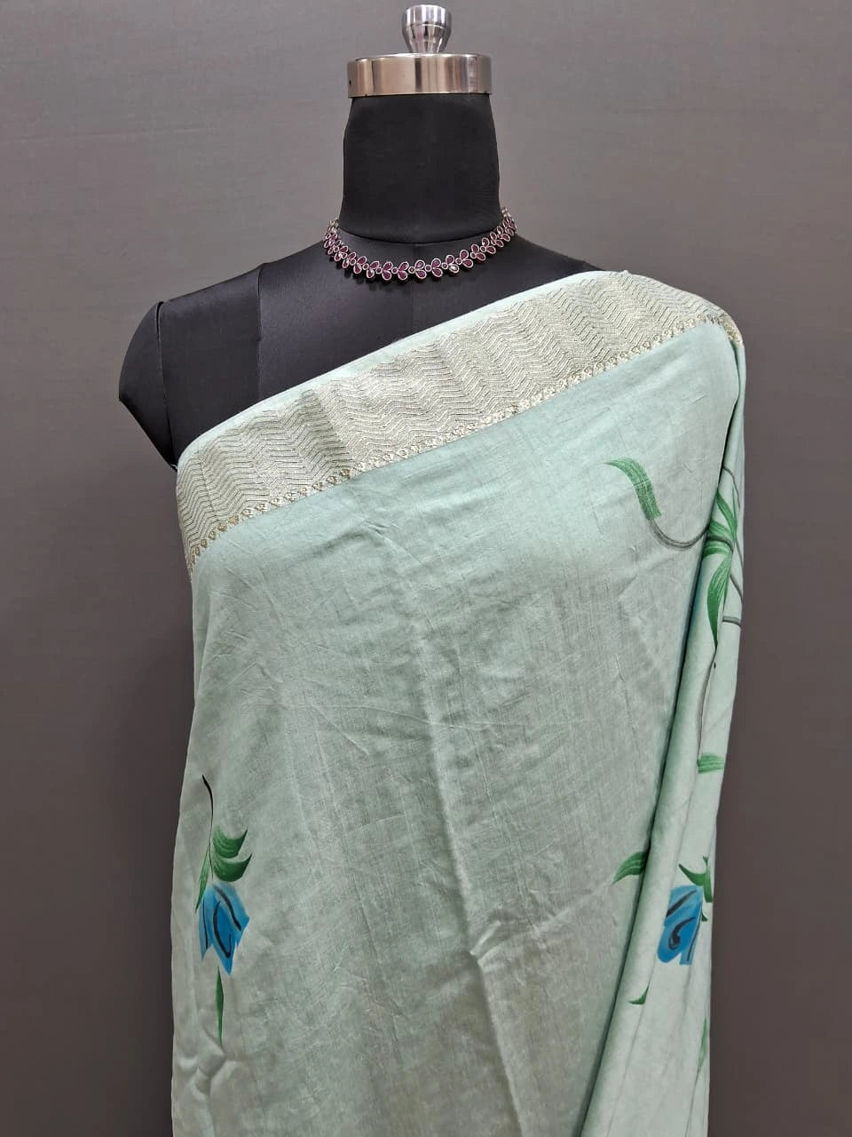 Light mint green Maheshwari cotton saree 1
