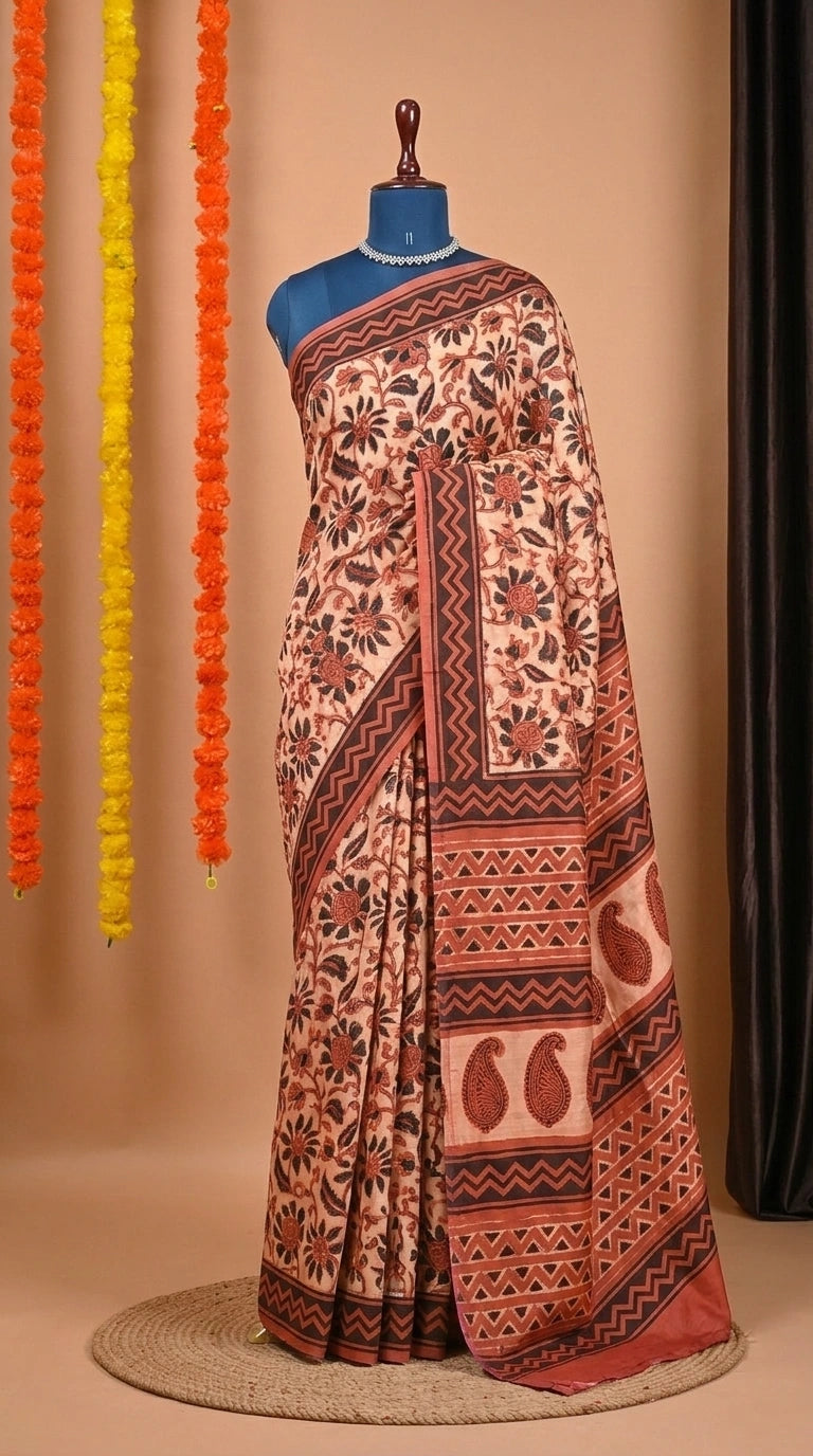 Beige with Peach Modal Silk Saree