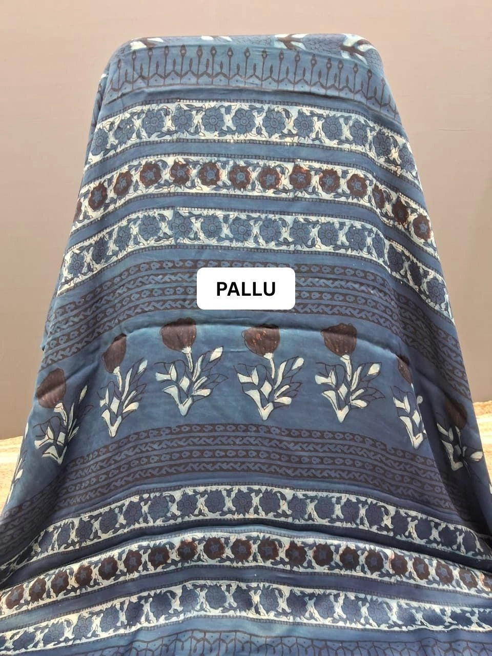 Beige with blue Modal Silk Saree pallu