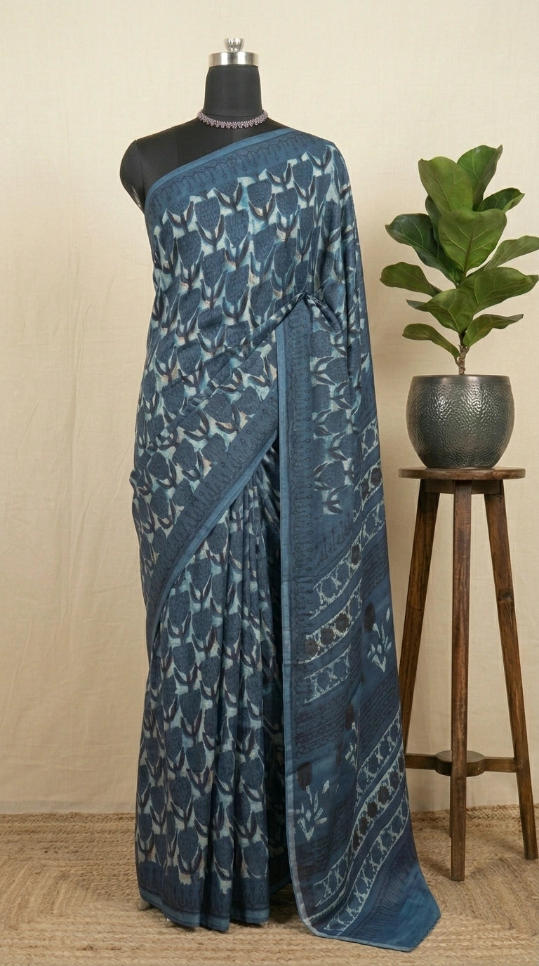 Beige with blue Modal Silk Saree