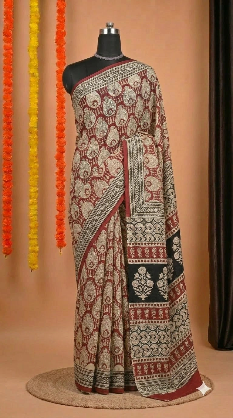 Red Modal Silk Saree with Cream Flower print