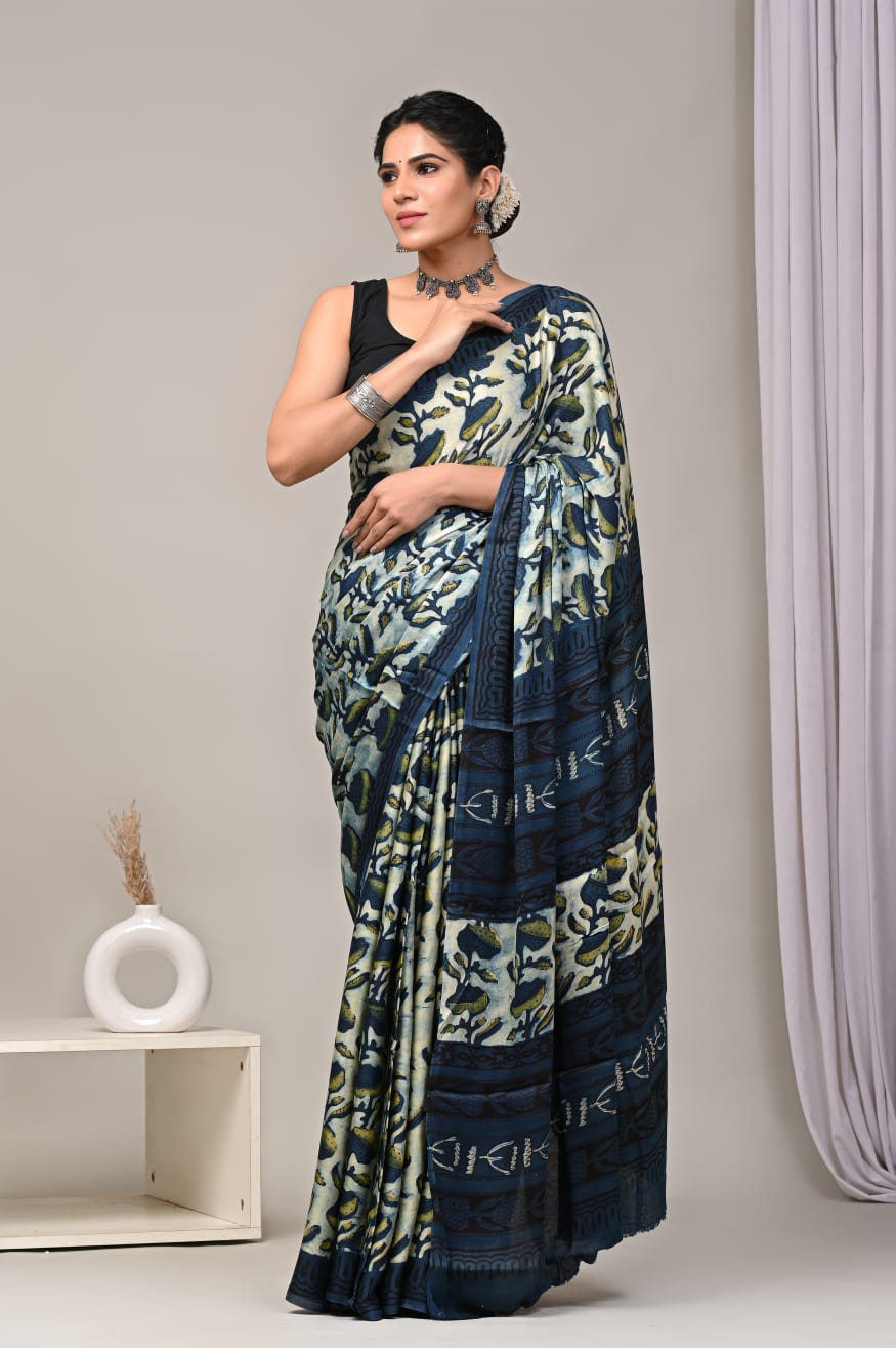 Beige with baby blue Modal Silk Saree 