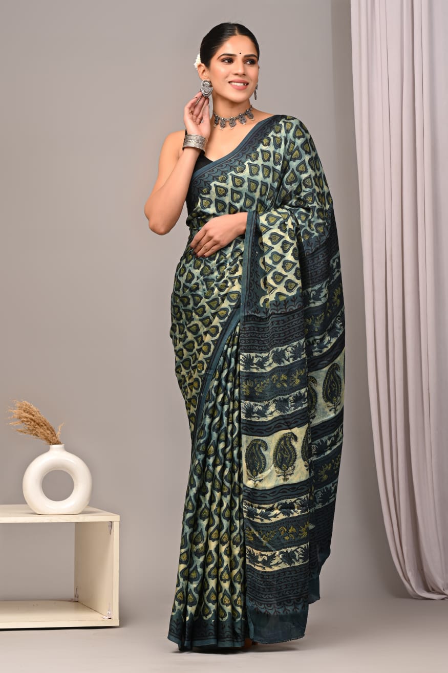 Beige with baby blue Modal Silk Saree 