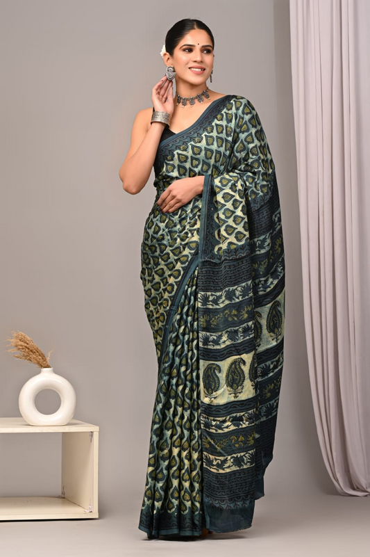 Beige with baby blue Modal Silk Saree 