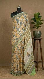White Pure Modal Silk Saree Vibrant Yellow & Green Flower Print