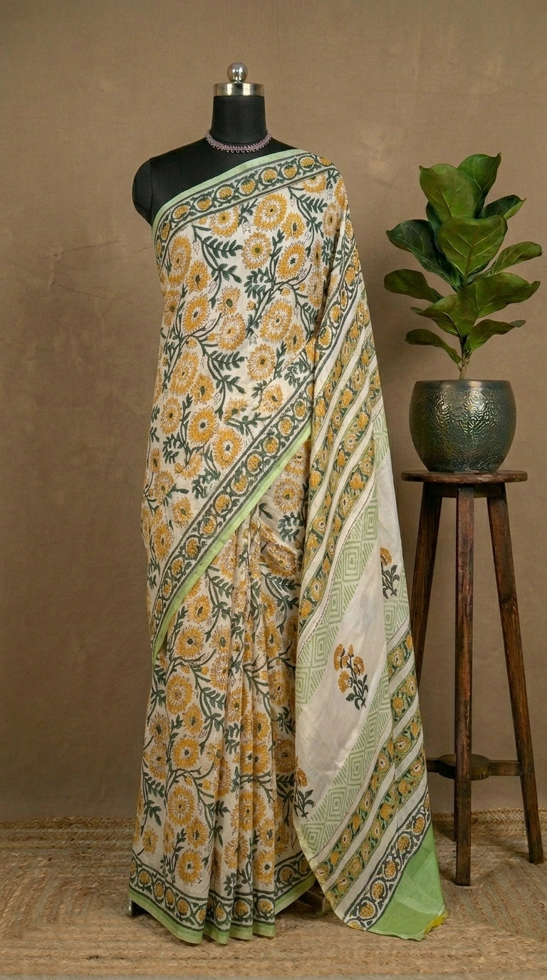 White Pure Modal Silk Saree Vibrant Yellow & Green Flower Print
