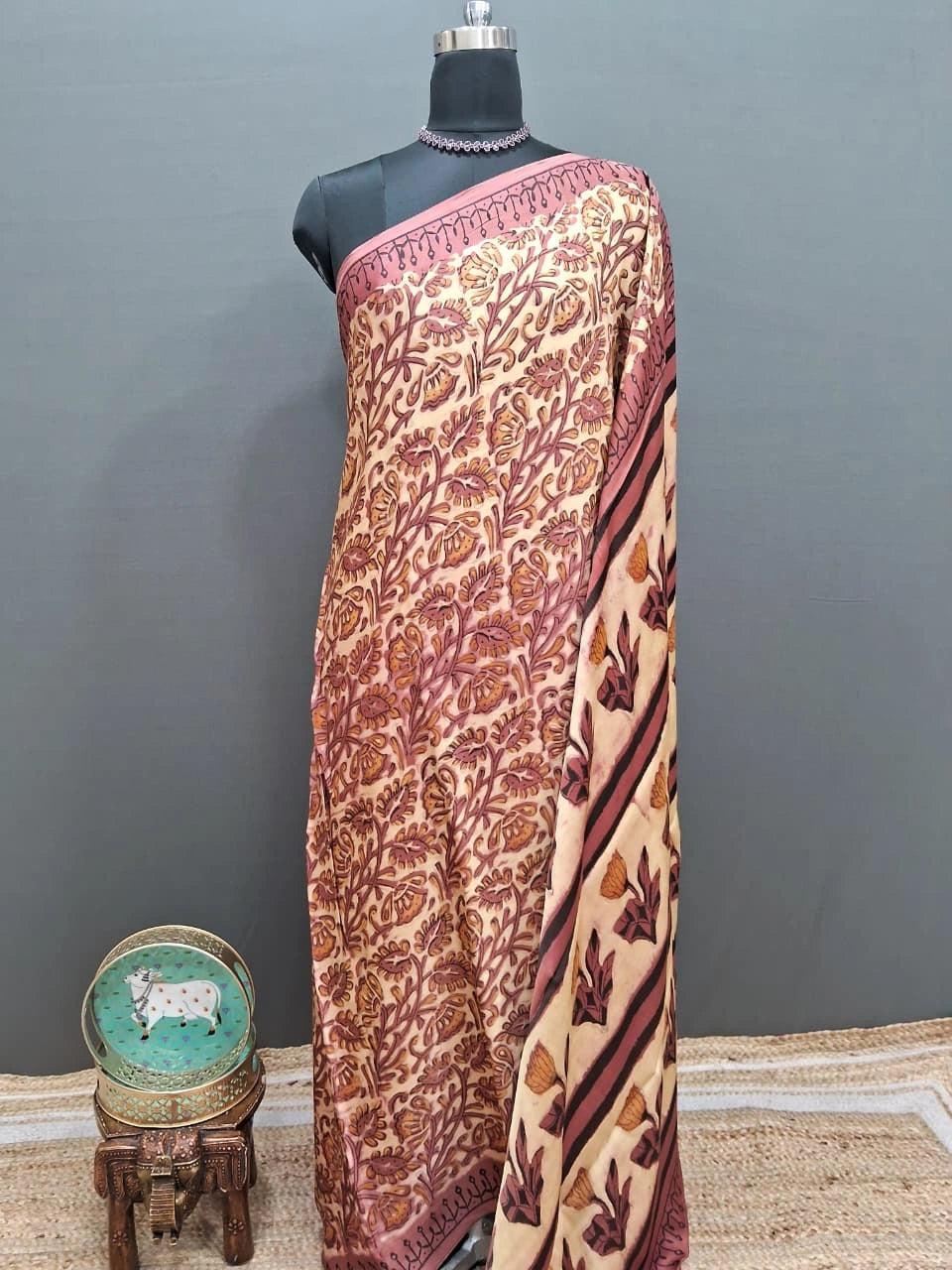 Cream Pure Modal Silk Festive Saree