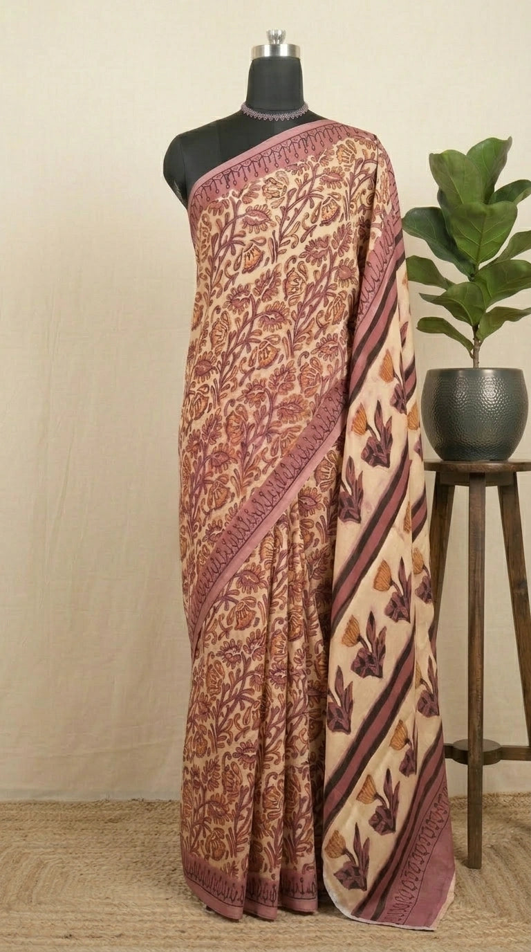 Cream Pure Modal Silk Festive Saree