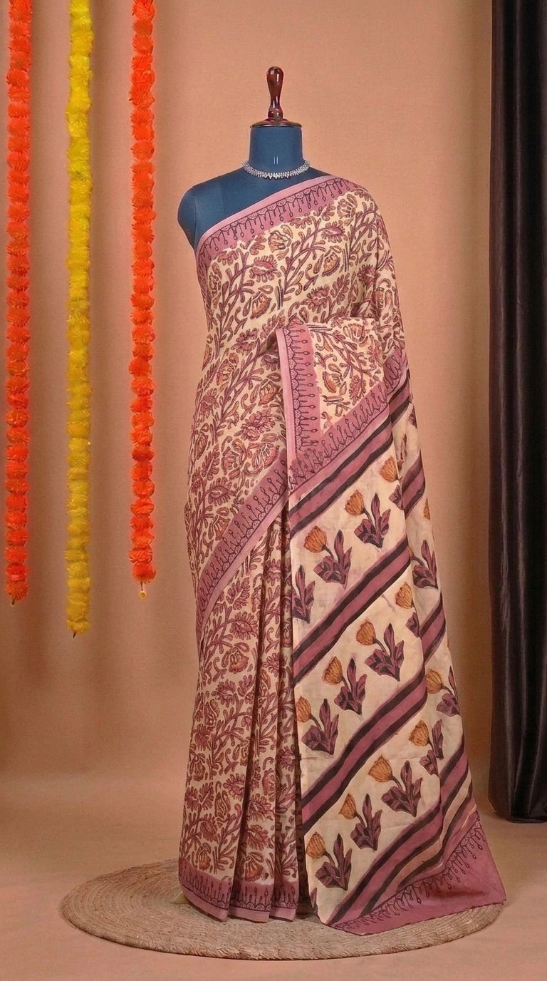 Cream Pure Modal Silk Festive Saree